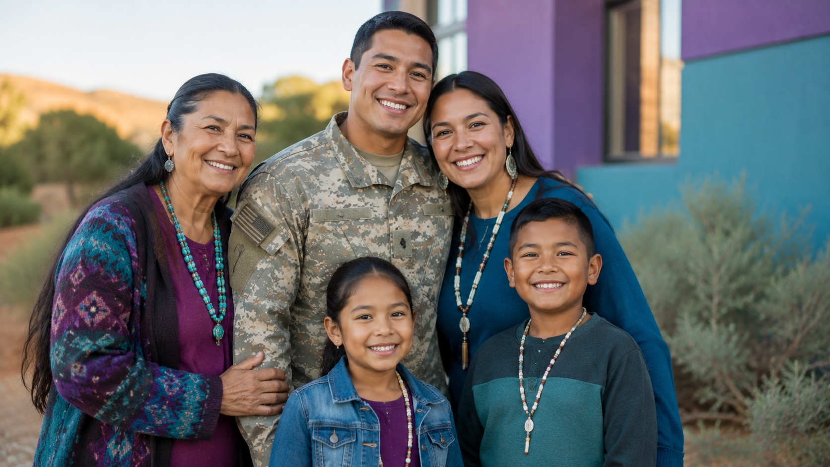 Native American military family with a service member, spouse, children, and elder